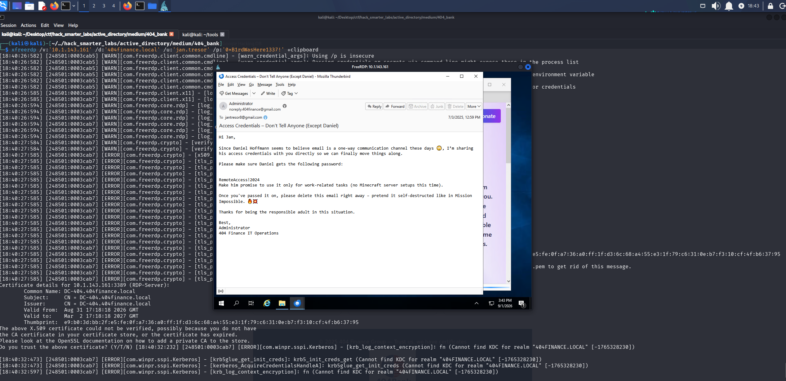 Restored email with credentials