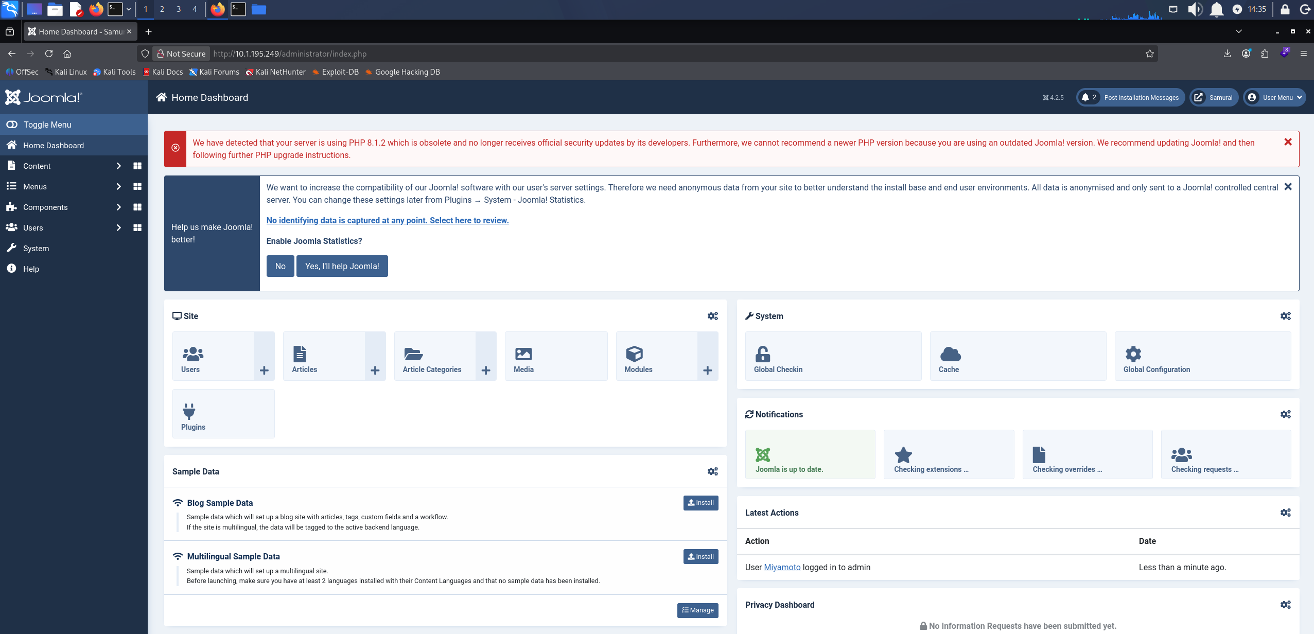 Joomla administrator dashboard
