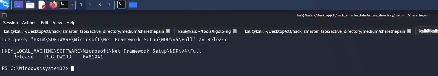 reg query confirming .NET 4 is present